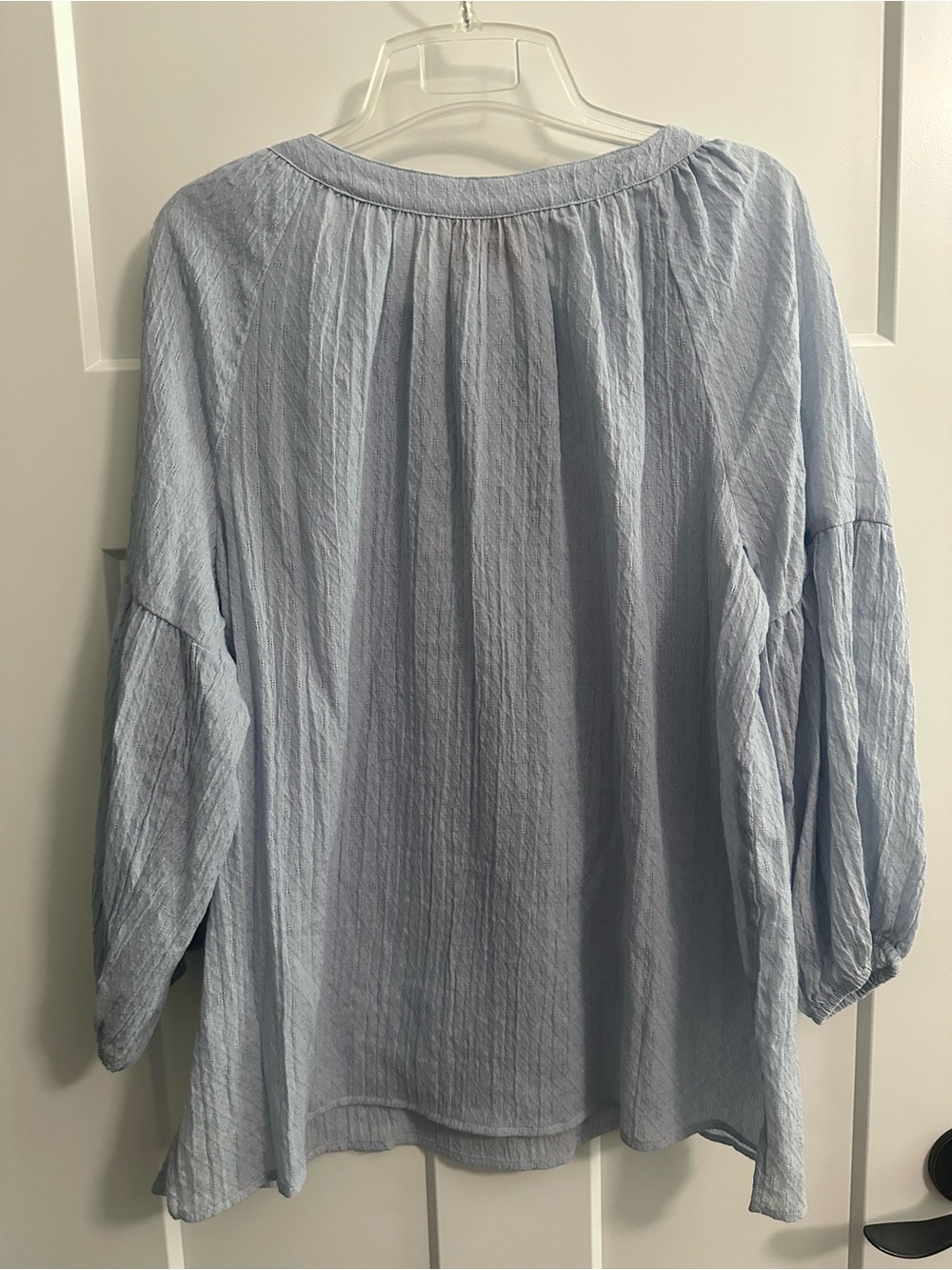 Ruby Rd. Pale Blue Textured Peasant Blouse with Tassel Tie - Picture 3 of 3
